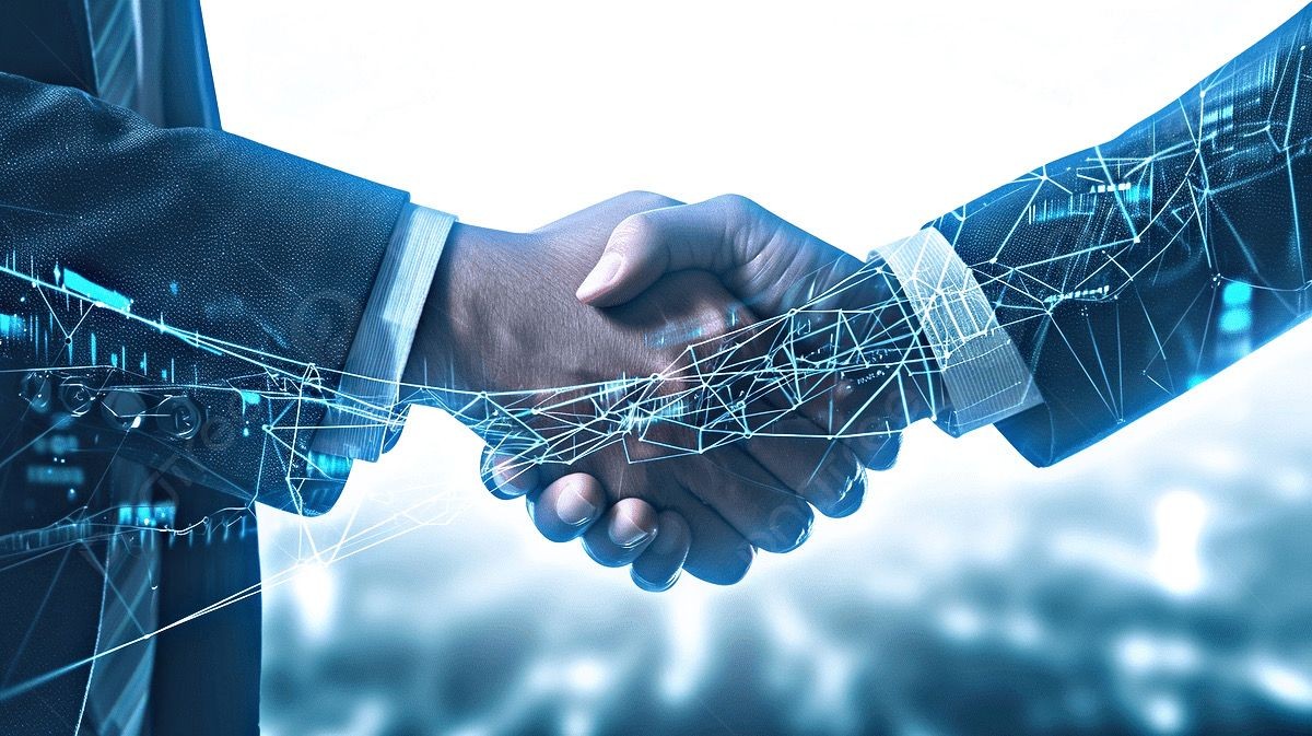 Two hands shaking with digital network overlay, symbolizing technology partnership and connection.